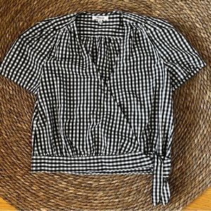 Madewell Womens Black White Gingham Wrap Front Tie Shirt Sleeve Blouse Sz M